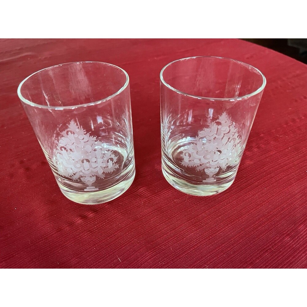 Saks Fifth Avenue Etched Christmas Tree Whiskey Glasses Set of 2 Signed